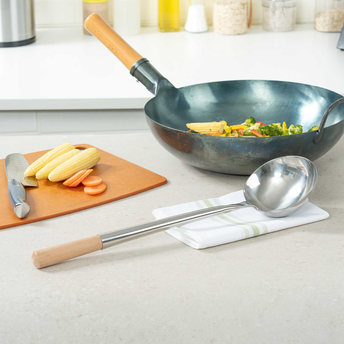 Motomori 10 oz Stainless Steel Large Wok Ladle - with 14" Wood Handle - 18 1/2" x 5" x 4 1/4" - 1 count box