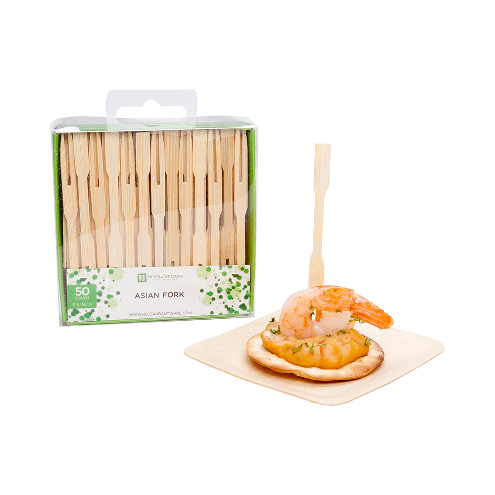 Bambuddha Natural Bamboo Asian Fork - Retail Pack - 3 1/2" - 50 count x 10 boxes